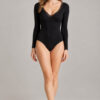 Ribbed Lace V-Neck Body Slip in Schwarz, vorne